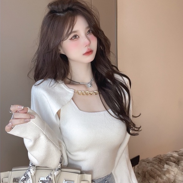 ZHELIHANGFEI Set Áo Hai Dây Dệt Kim Và Quần Lưng Cao Phong Cách Quyến Rũ