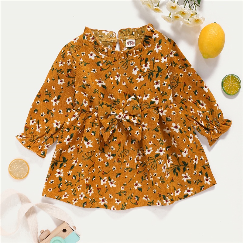 Đầm công chúa MIKRDOO tay dài vải nhung phối nơ in hoa dễ thương thời trang mùa thu cho bé gái