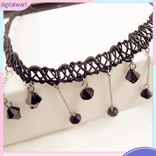 Vòng cổ choker thiết kế ren phối đá quý nhân tạo đen cá tính phong cách gothic dành cho nữ