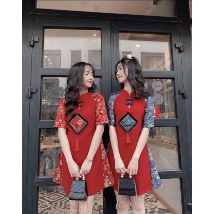 [VIDEO THẬT] 🛀👫Đầm tết áo dài cách tân, đầm nữ đỏ sườn xám phối gấm hoa cao cấp [TẾT 2021 🛀👫Form Dáng đẹp🛀👫 Mẫu Ho
