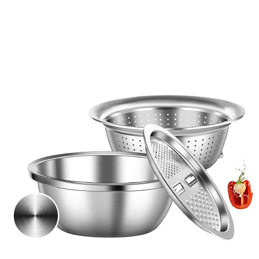 [Thánh cạo củ quả] Bộ 3 Rổ Inox Kèm Nạo Rau Củ Tiện Dụng