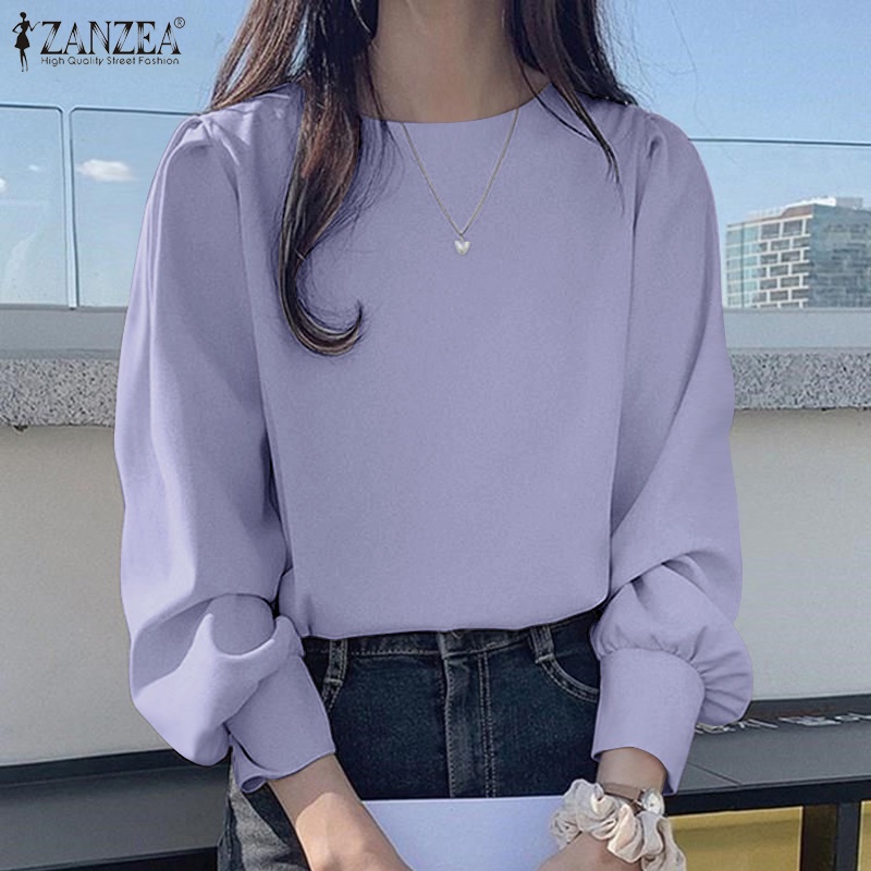 Áo thun ZANZEA dáng rộng cổ tròn dài tay màu trơn đơn giản phong cách Hàn Quốc cho nữ