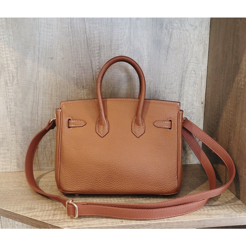 Túi Da Bò Màu Nâu Bò Bản Khâu Tay Size 25