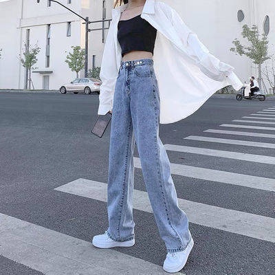 2021 Mùa xuân và mùa thu Quần jean cao eo mới Phiên bản Hàn Quốc của học sinh lỏng lẻo là mỏng và mỏng chân thẳng Quần t