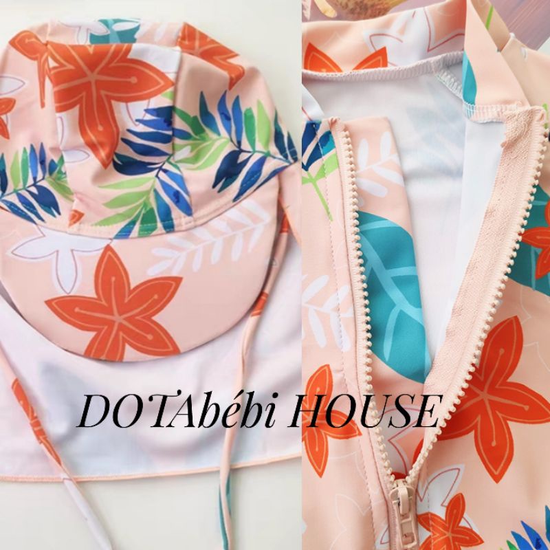 ĐỒ BƠI TAY DÀI LIỀN THÂN CÓ NÓN CHE GÁY HỌA TIẾT HOA LÁ CHO BÉ GÁI mã SW0211 - DOTAbébi HOUSE
