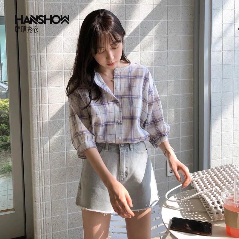 Áo sơ mi kẻ nữ cổ tàu style ulzzang