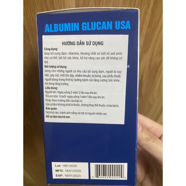 ALBUMIN Glucan usa- Viên uống tăng sức đề kháng, bổ sung đạm, vitamin và khoáng chất thiết yếu cho cơ thể hộp 60v