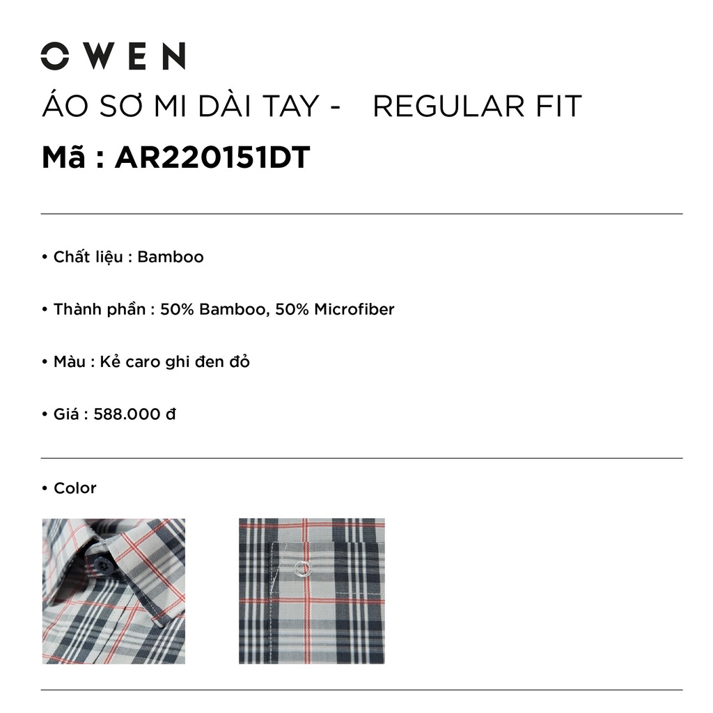 Áo Sơ Mi Nam Dài Tay OWEN AR220151DT Somi Công Sở Vải Sợi Tre Cao Cấp Màu Kẻ Caro Ghi Đen Đỏ Dáng Suông Tà Lượn Có Túi
