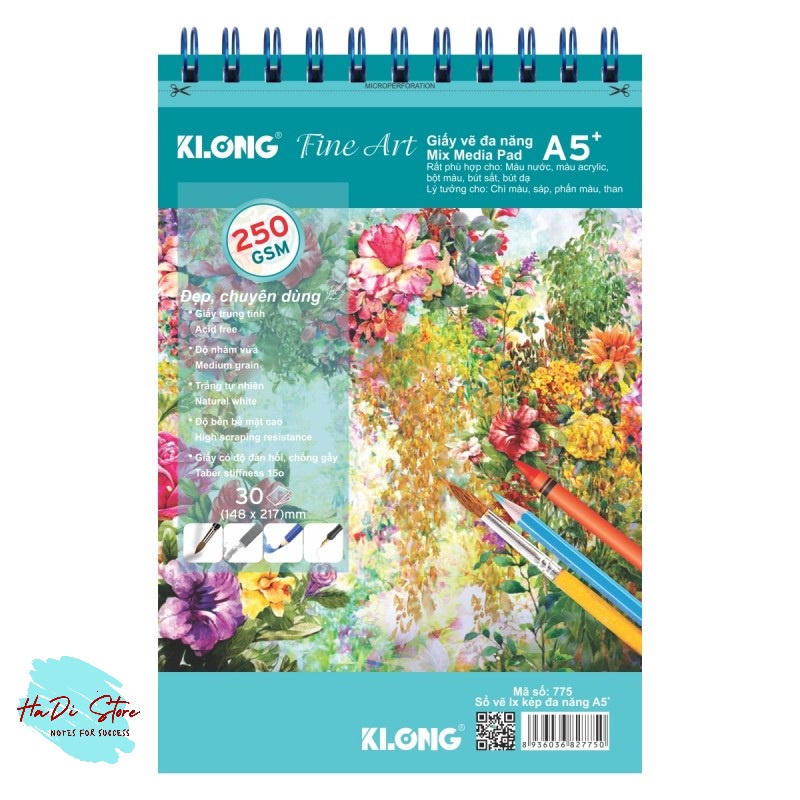 [HADI] KLONG Sổ vẽ lò xo đa năng giấy cao cấp 250GSM size A5 - 30 tờ (MS:775)