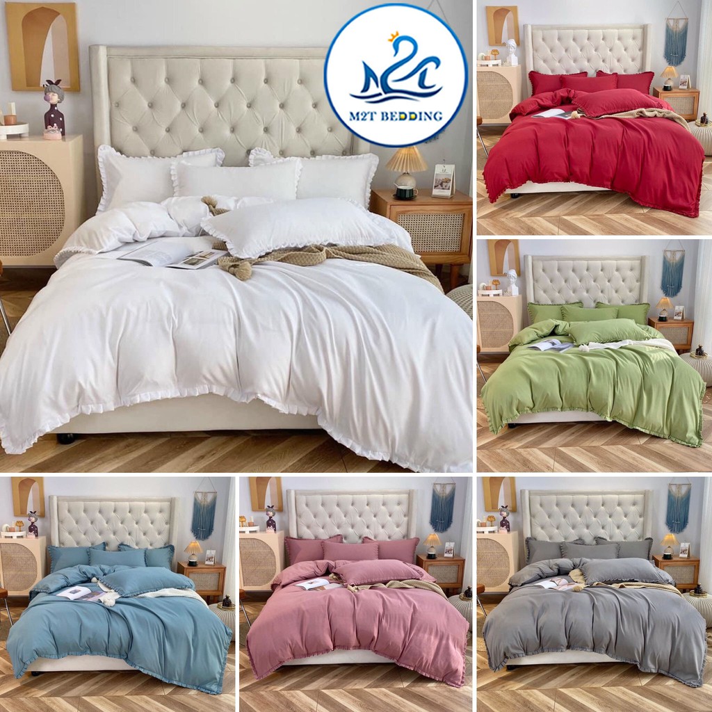 Bộ chăn ga gối Cotton Tici phối bèo M2T bedding, vỏ chăn mền, drap giường và 2 vỏ gối