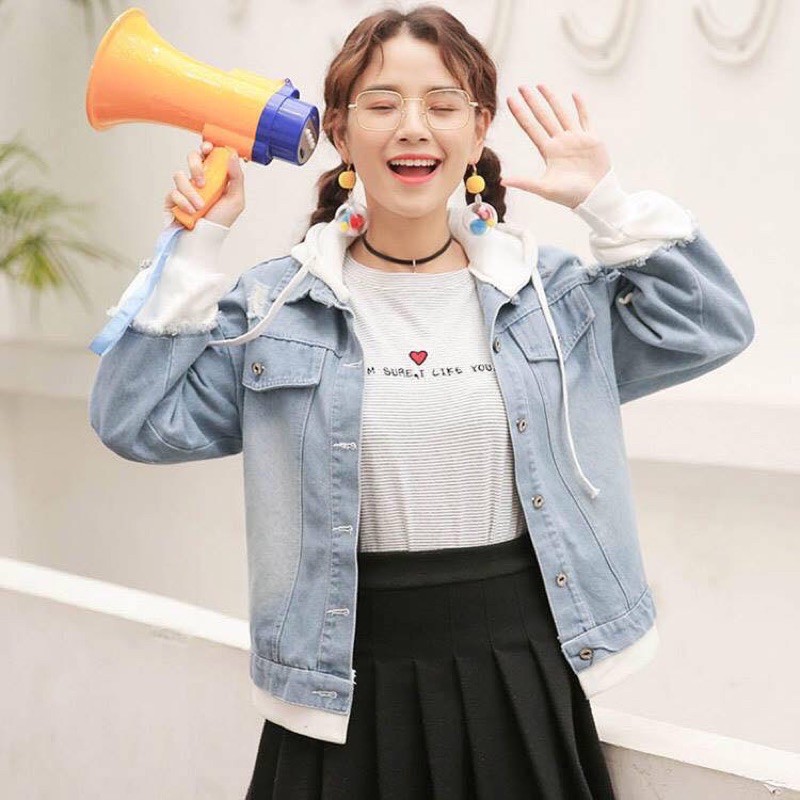 ÁO KHOÁC JEAN NÓN NỈ TRẮNG