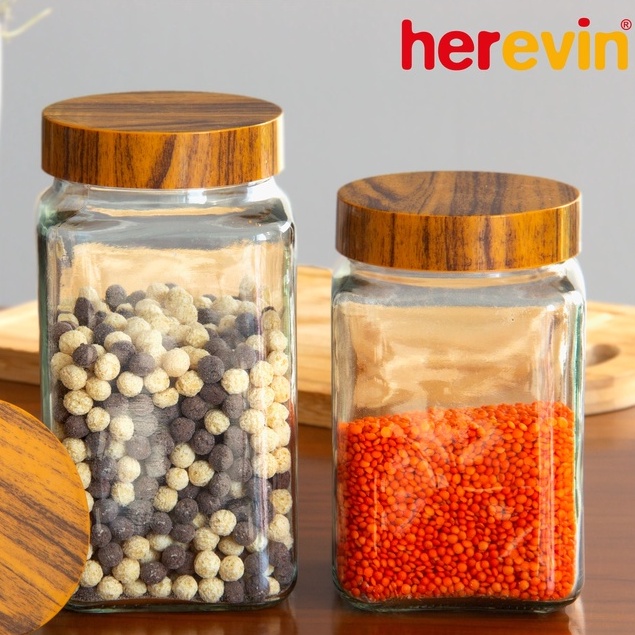 Hũ Thuỷ Tinh Herevin Vuông Nắp woody 3L - HEHU231017-205