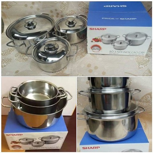 [DÀY DẶN] BỘ 3 NỒI 24cm 20cm 16cm NẮP INOX CAO CẤP DÙNG ĐƯỢC BẾP TỪ - BA NỒI BA NẮP INOX VIỆT NAM BẢO HÀNH 30 DAY