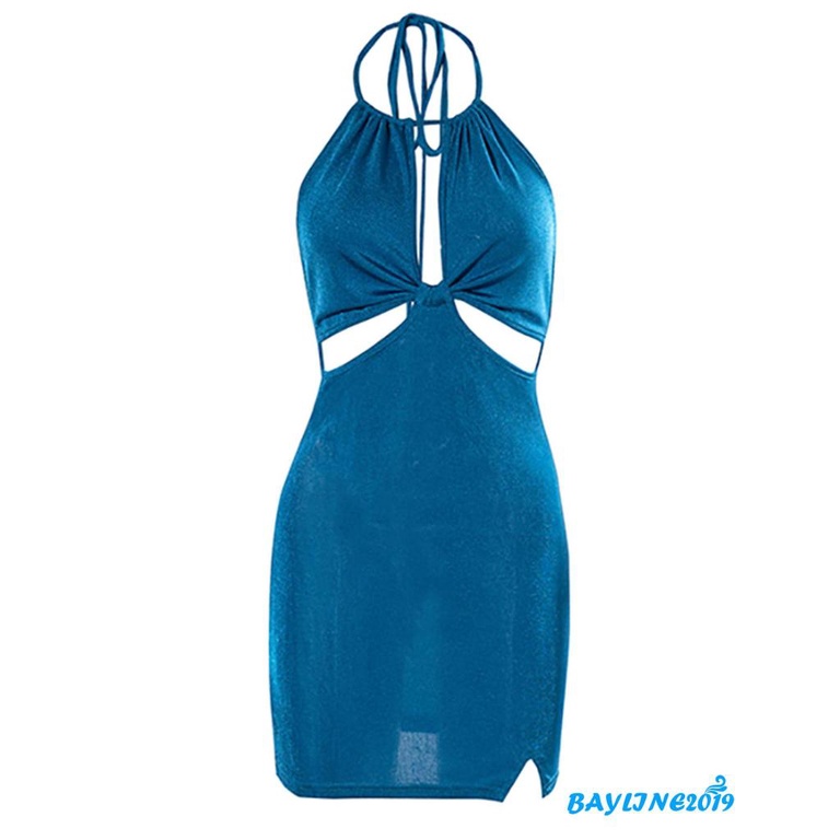 BAY-Women Fashion Halter Backless Dress Stylish Sleeveless Hollow Out Solid Color Dress