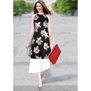 Set áo dài cách tân gấm hoa cổ yếm không tay siêu xinh
