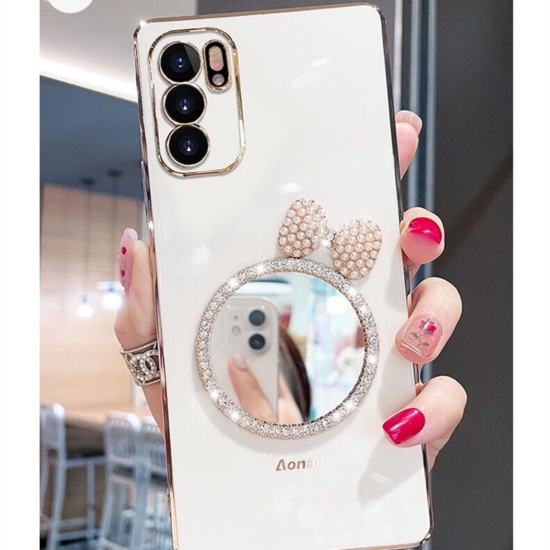 Ốp Điện Thoại Mềm Tráng Gương Trang Điểm Đính Nơ Và Ngọc Trai Cho OPPO Reno6 Reno6 Z 5G Reno6 Pro 5G