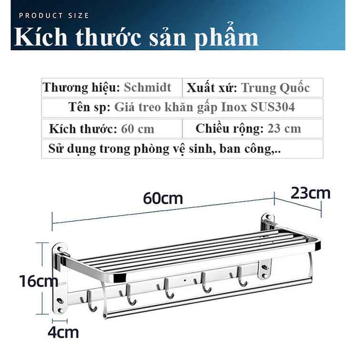 Giá treo khăn Inox 304 Schmidt mạ crom sáng bòng chống gỉ, kệ để đồ nhà tắm tiện lợi hàng nhập khẩu chính hãng