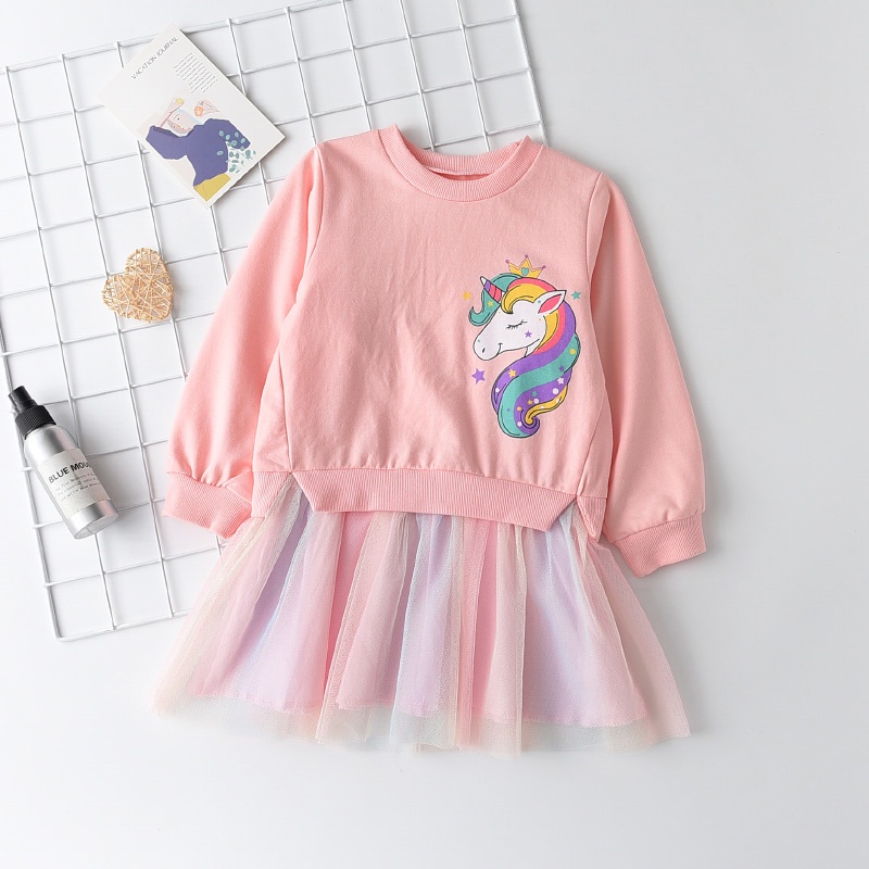 Đầm công chúa BEAR LEADER phối lưới in hoạt hình xinh xắn thời trang mùa thu cho bé gái 3-7 tuổi