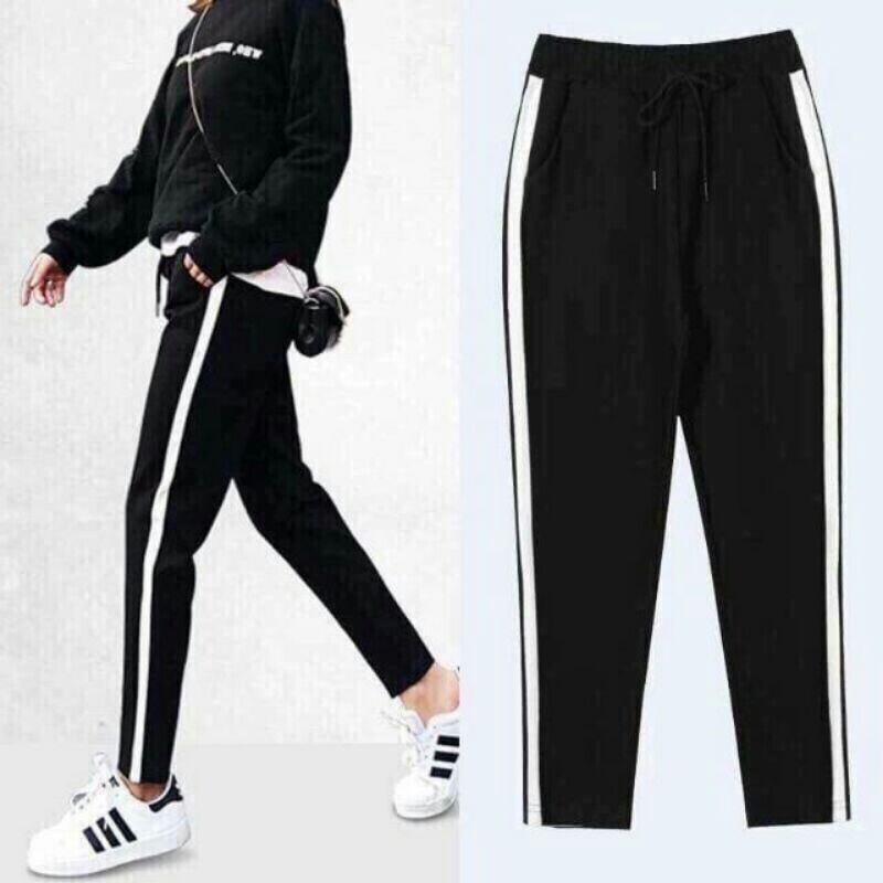 Quần thể thao nữ dài 1 sọc viền trắng màu đen ống bo thun  Quần jogger nữ dây rút Có túi Dãn Đai chun mặc tập gym đi học