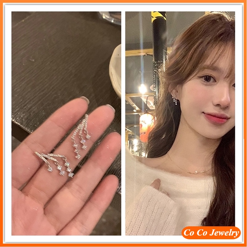 Bông Tai Mạ Bạc 925 Đính Đá Zircon Tua Rua Phong Cách Hàn Quốc Tinh Tế Cho Nữ