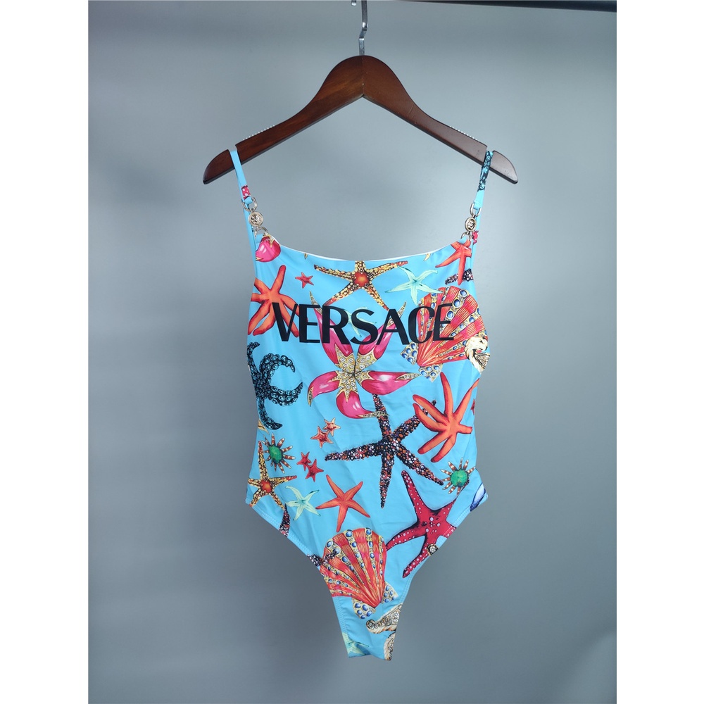 Bộ Đồ Bơi Bikini Màu Xanh Dương In Logo Versace Thiết Kế Sang Trọng Thời Trang Mùa Hè Quyến Rũ Cho Nữ