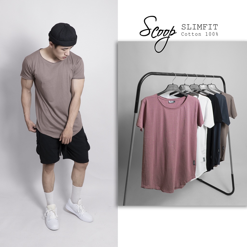 Áo Thun Vạt Bầu Lai Xén Cá Tính HYBER SCOOP TEE, Trắng/Đen/Nâu/Hồng/Xám xanh