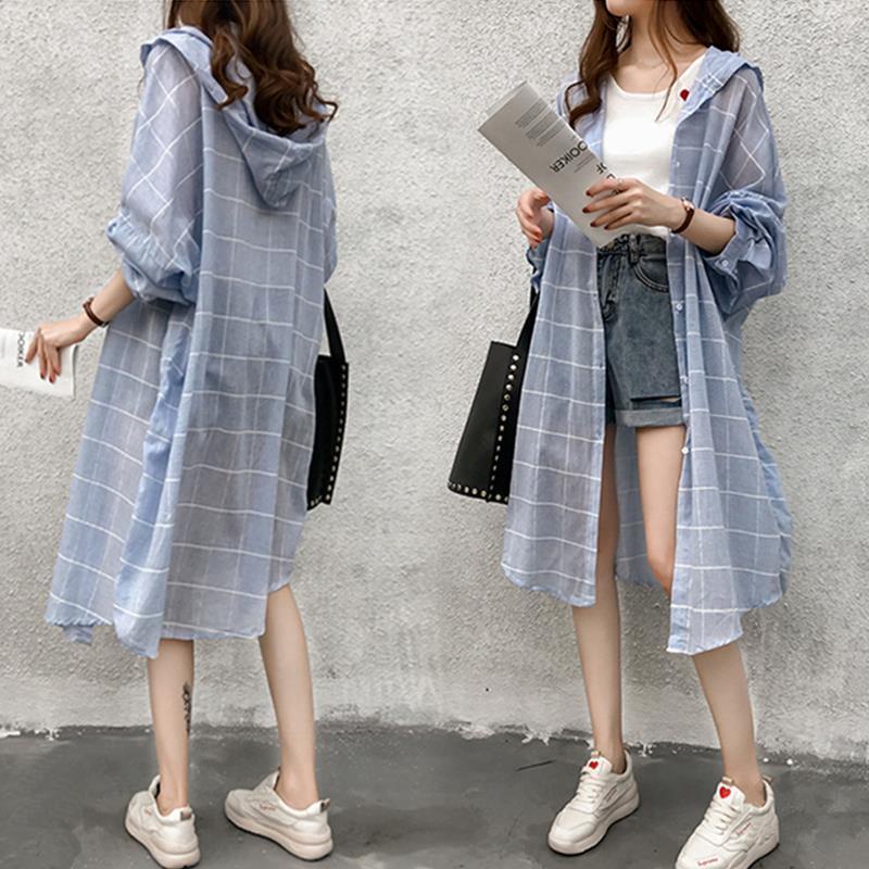 Áo Khoác Chống Nắng Tay Dài Kẻ Sọc Caro Phong Cách Hàn Quốc Có Size Lớn Bảo Vệ Cho Nữ