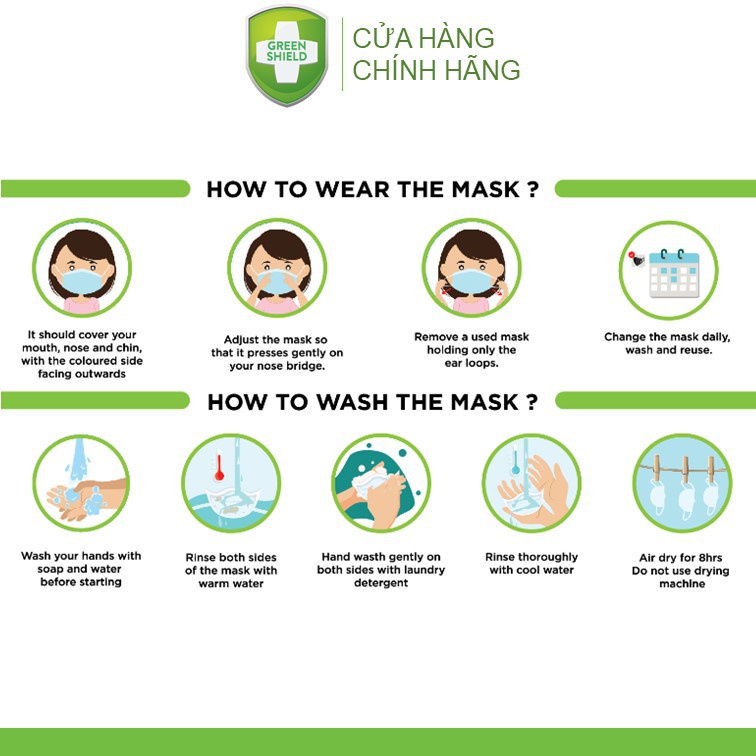 Khẩu Trang Green Shield-Vải Sợi Tre 3 Lớp Kháng Khuẩn-đạt tiêu chuẩn xuất USA-Size Trẻ Em và Người Lớn