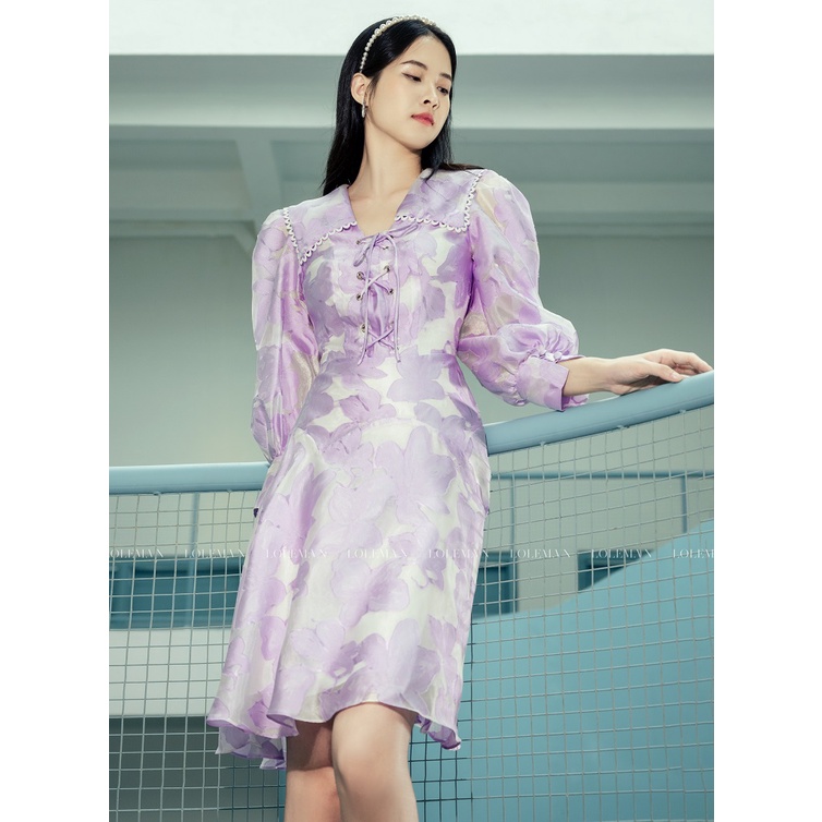 Đầm cổ vuông dáng xòe tơ hoa dài tay họa tiết sang trọng thời trang cao cấp LOLEM CLothing - Dx273