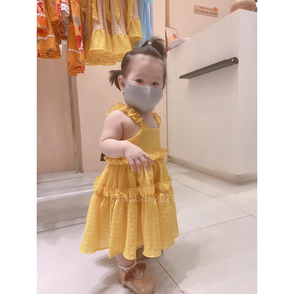 Váy bé gái, váy xốp vàng 2 dây bèo dáng xòe xinh xắn cho bé