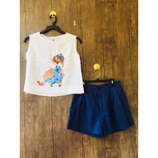 Set quần áo nữ đẹp nguyên bộ vải linen vẽ tay