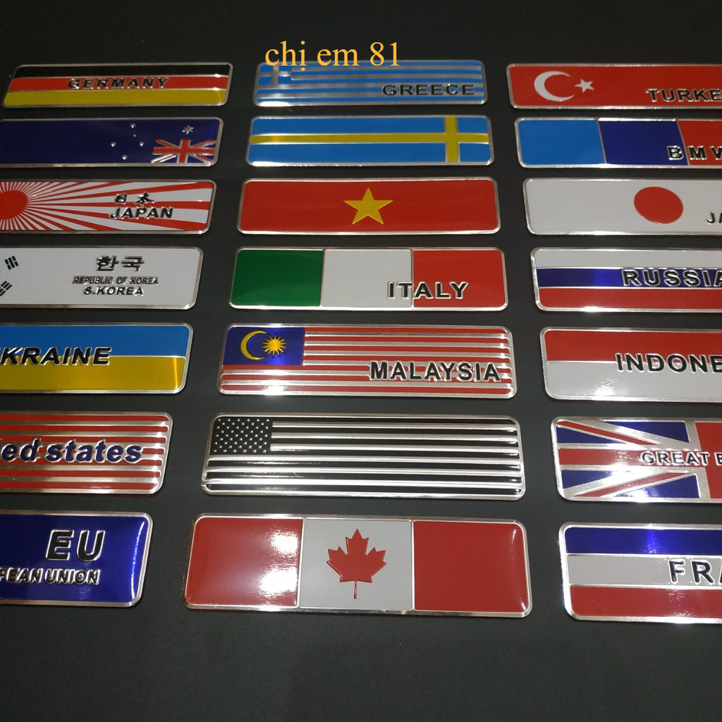 Tem nhôm cờ các nước 10.4x2.9cm Anh Pháp Đức Mỹ Ý Việt Nam Hàn Nhật....