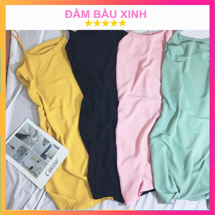 Váy bầu 2 dây đầm bầu suông nữ chất đũi lụa thoáng mát 4 màu phù hợp đi biển