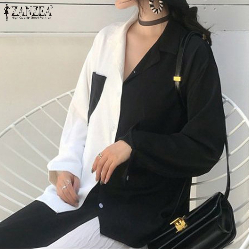ZANZEA Áo sơ mi nữ cài nút trước thiết kế chắp vá thời trang
