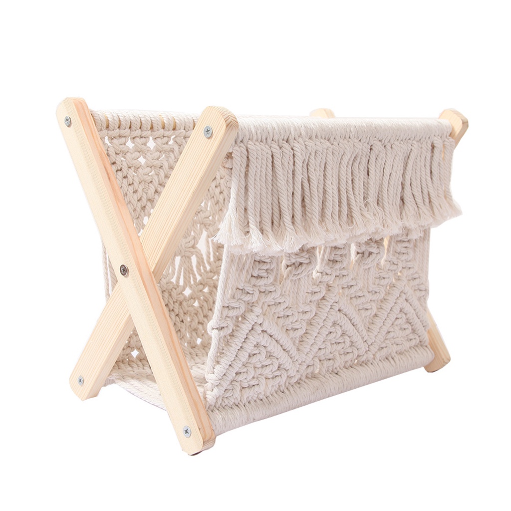 Cadiz* Storage Rack Nice-looking Elegant Decorative Foldable Wooden Cotton Rope Book Shelf Rack for Household