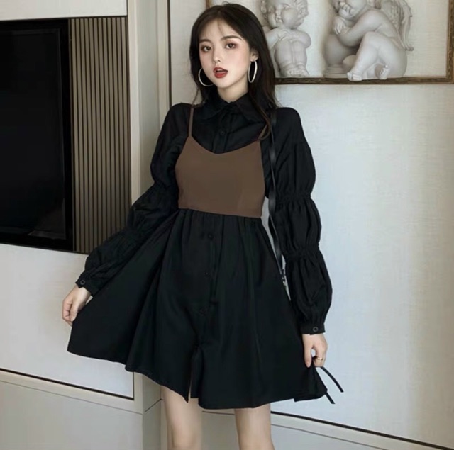 Sét đầm sơ mi phối áo 🥰 Free ship kèm ảnh chụp