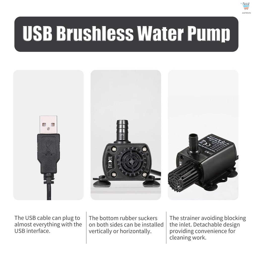 Máy Bơm Nước USB Không Chổi Than Mini DC5V 150L / H 1.2W Cho Bể Cá