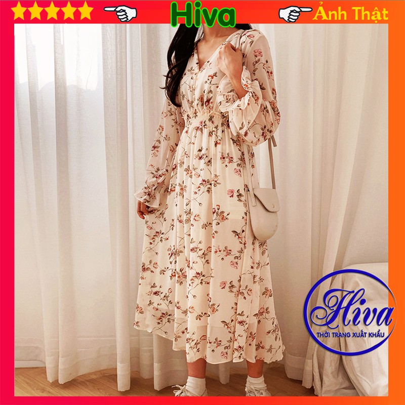 Đầm dáng dài cổ tim cúc ngọc ulzzang hoa nhí chun eo , Váy trắng be vintage tay dài kiểu maxi (video-ảnh thật)