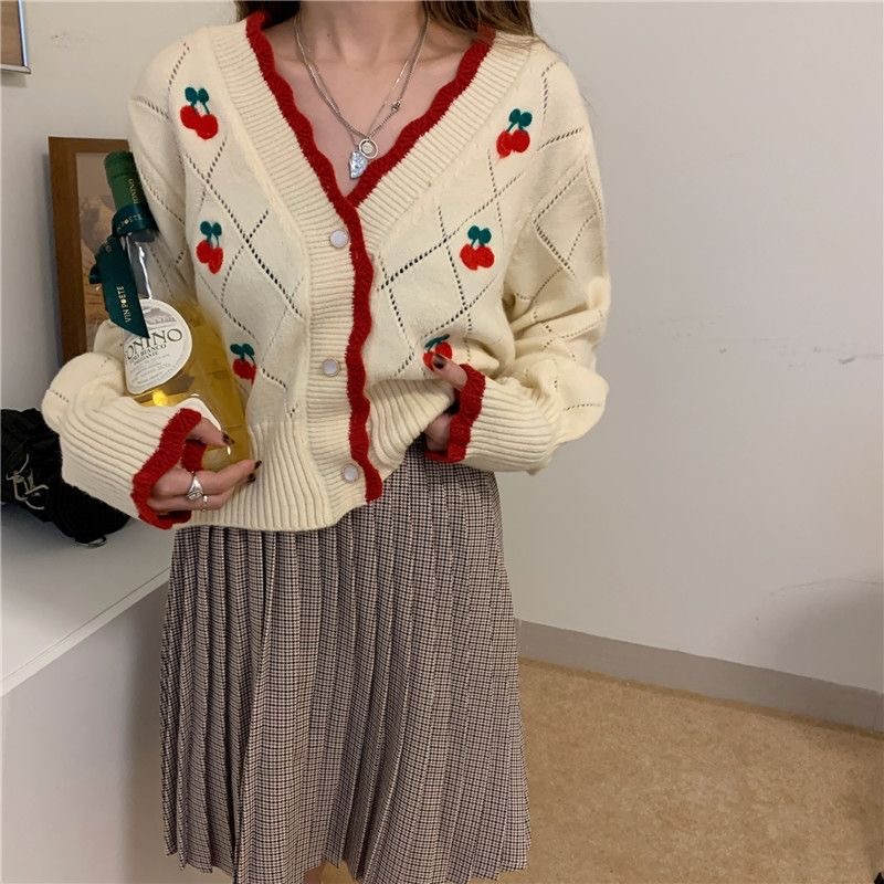 Áo khoác cardigan dệt kim phối ren thêu hình quả anh đào phong cách Hàn Quốc dễ thương