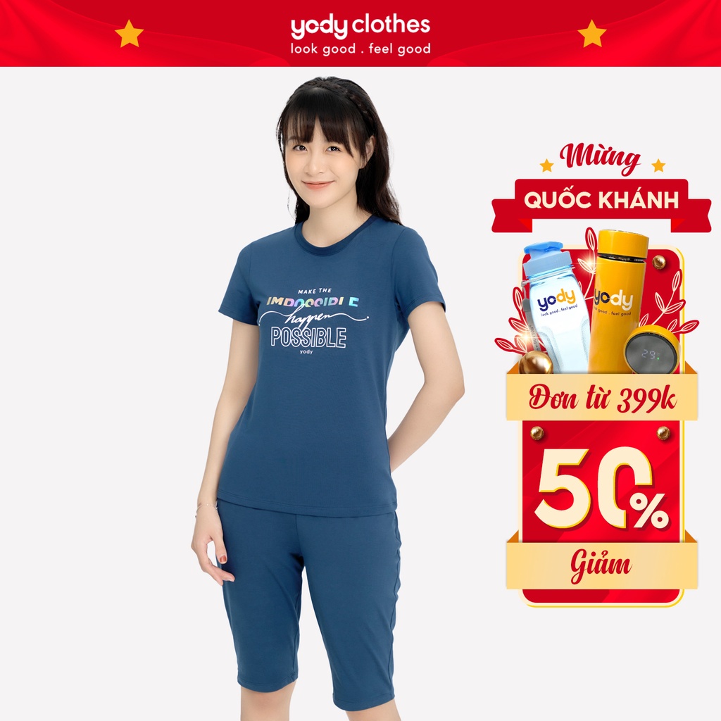 Bộ quần ao nữ YODY mùa hè co giãn in chữ Possible co giãn thoải mái BDN5134