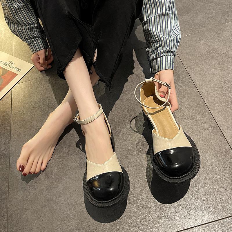 Giày sandal da mỏng cao gót thời trang Pháp mùa hè cho phái nữ