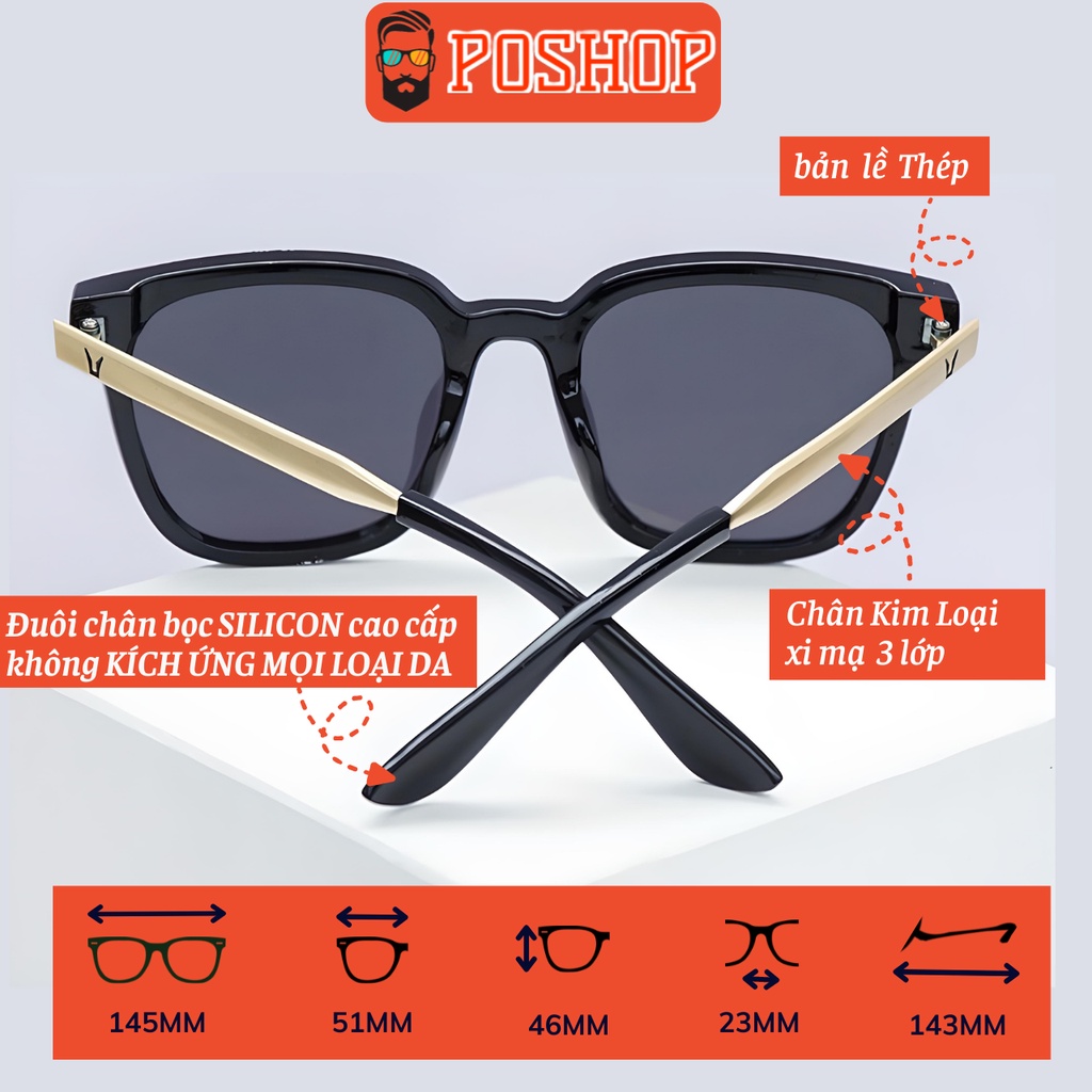 POSHOP Mắt kính râm nam nữ kính mát vuông gọng sắt kim loại đeo hot trend du lịch đi biển V6035