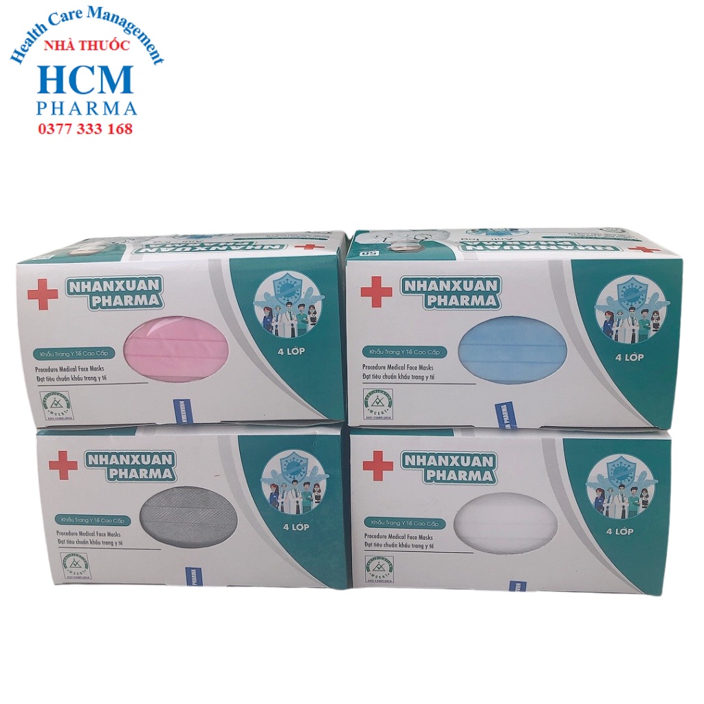 Khẩu trang y tế 4 lớp kháng khuẩn cao cấp Nhân Xuân màu trắng xanh xám hồng HCM07 túi 10 cái hộp 50 cái
