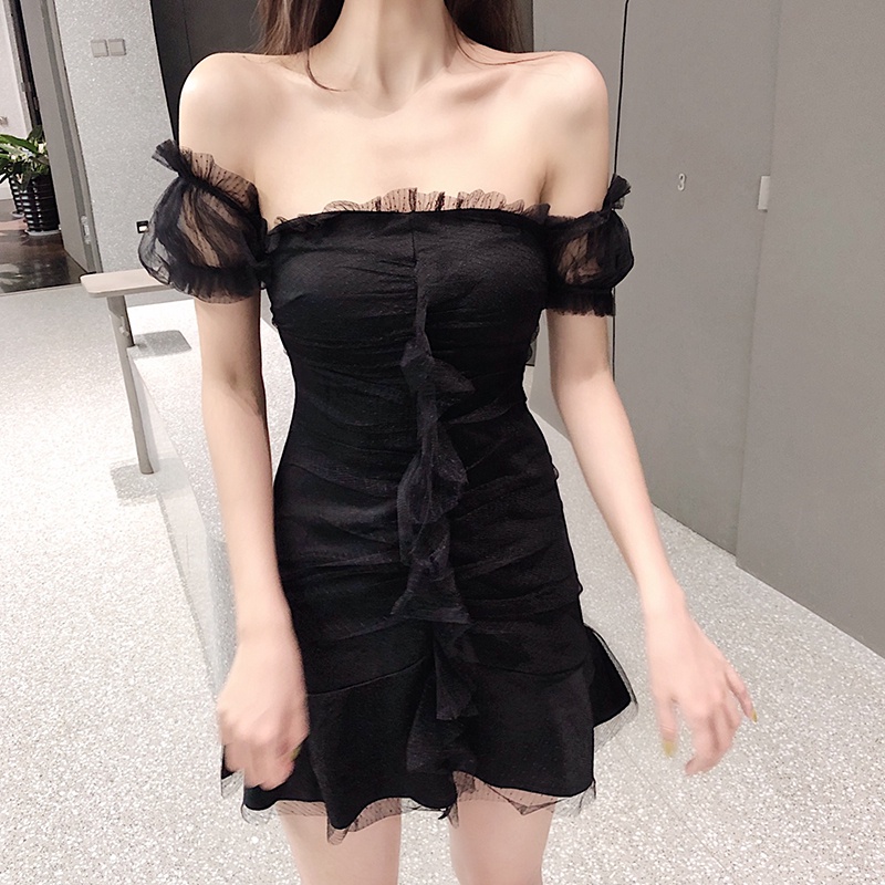 IELGY IELGY Đầm Đen Dáng Chữ A Lưng Cao Phong Cách Pháp Thời Trang Cho Nữ