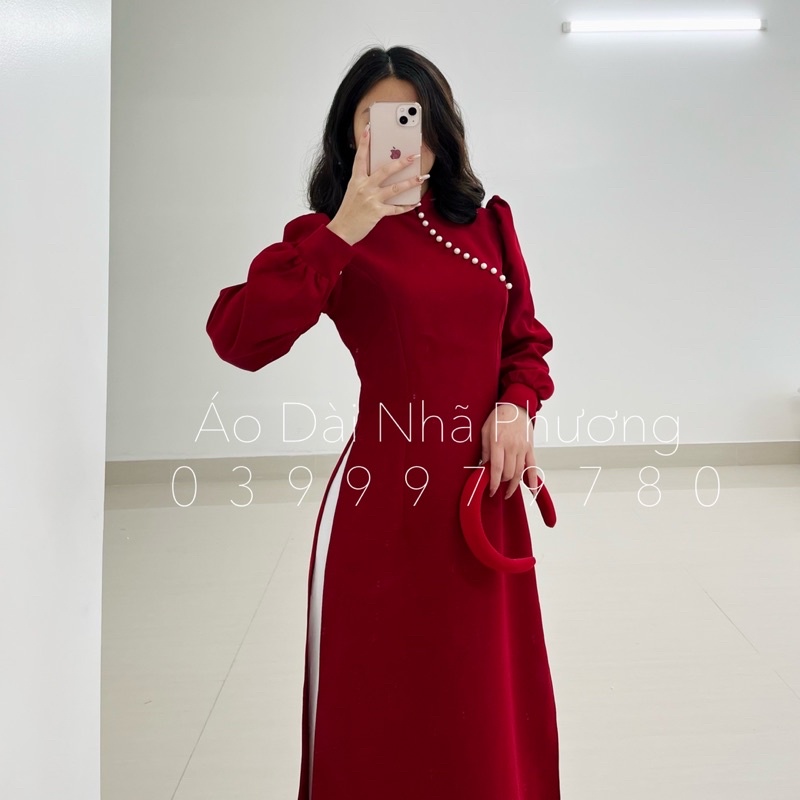 Áo Dài Tuyết Mưa Tay Phồng  Đính Cúc Trai May Sẵn