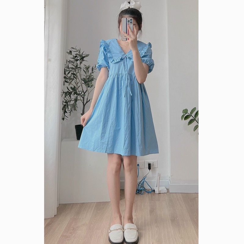 Váy bbd cổ sen đắp ren tay bồng dáng ngắn