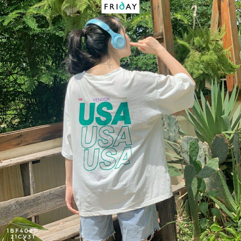 Áo phông nữ cotton oversized Friday 1CC901P họa tiết chữ USA