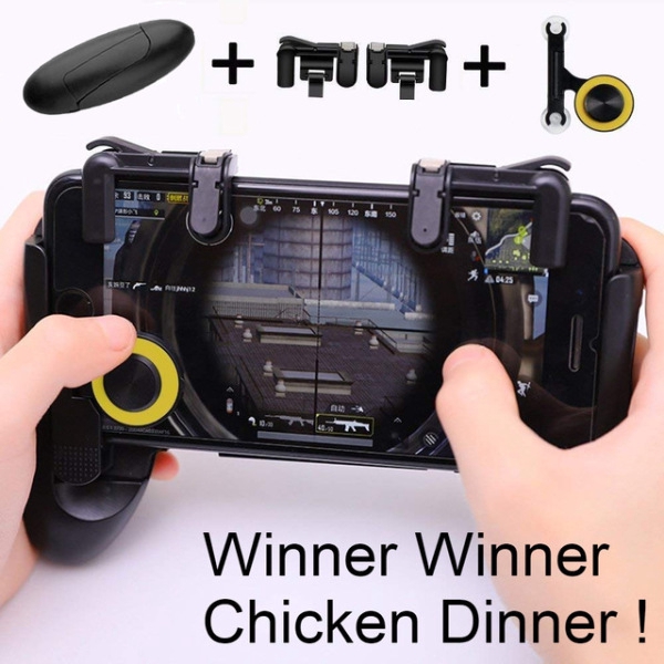 Bộ gồm tay cầm 2 nút trái phải và cần xoay hỗ trợ chơi game trên điện thoại di động