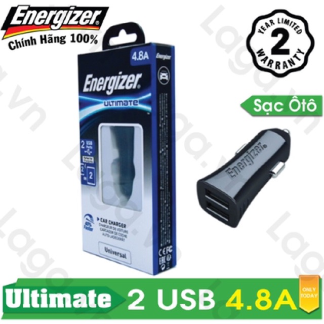 Sạc Energizer UL dùng cho Ô tô Micro USB 3.4A 2 cổng màu đen - DCA2CUMC3