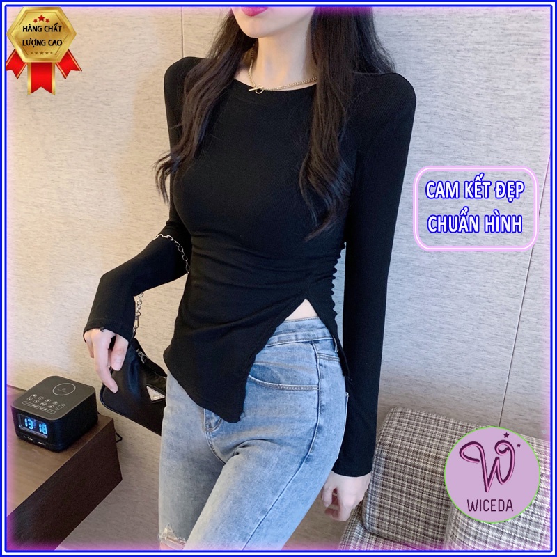 Áo croptop dài tay xẻ tà đẹp , áo thun xinh ôm body chất lụa cotton 2 màu đen trắng Wiceda 352